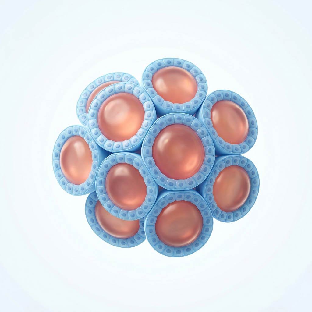 Healthy thyroid follicles with orderly cells and full colloid