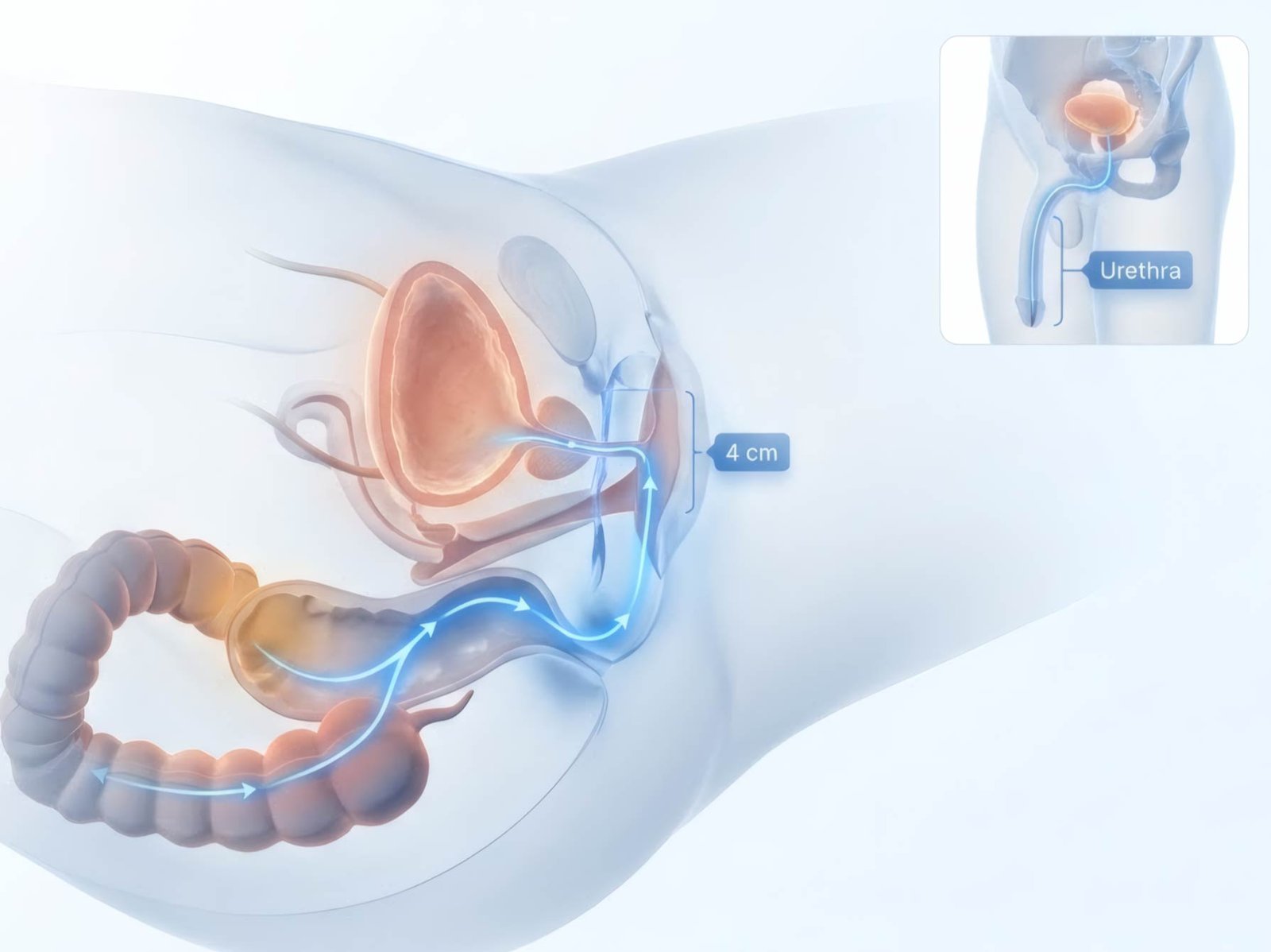 Diagram of the female urogenital anatomy with the infection route mapped