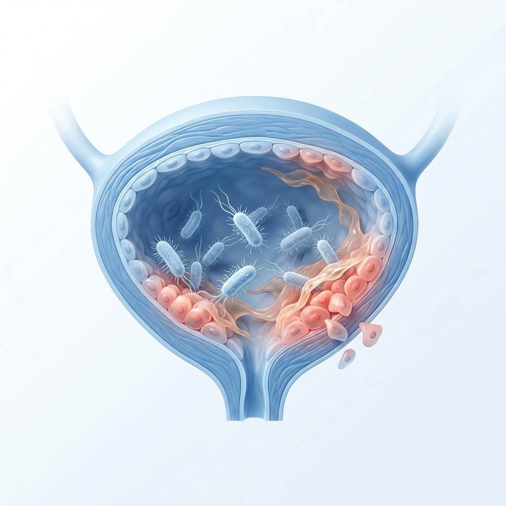 Colonized bladder wall with fimbriated bacteria anchored and biofilm forming