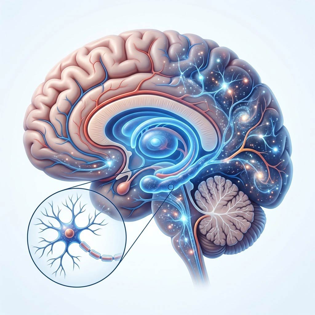 Sagittal brain diagram with neuron inset showing myelinated axon