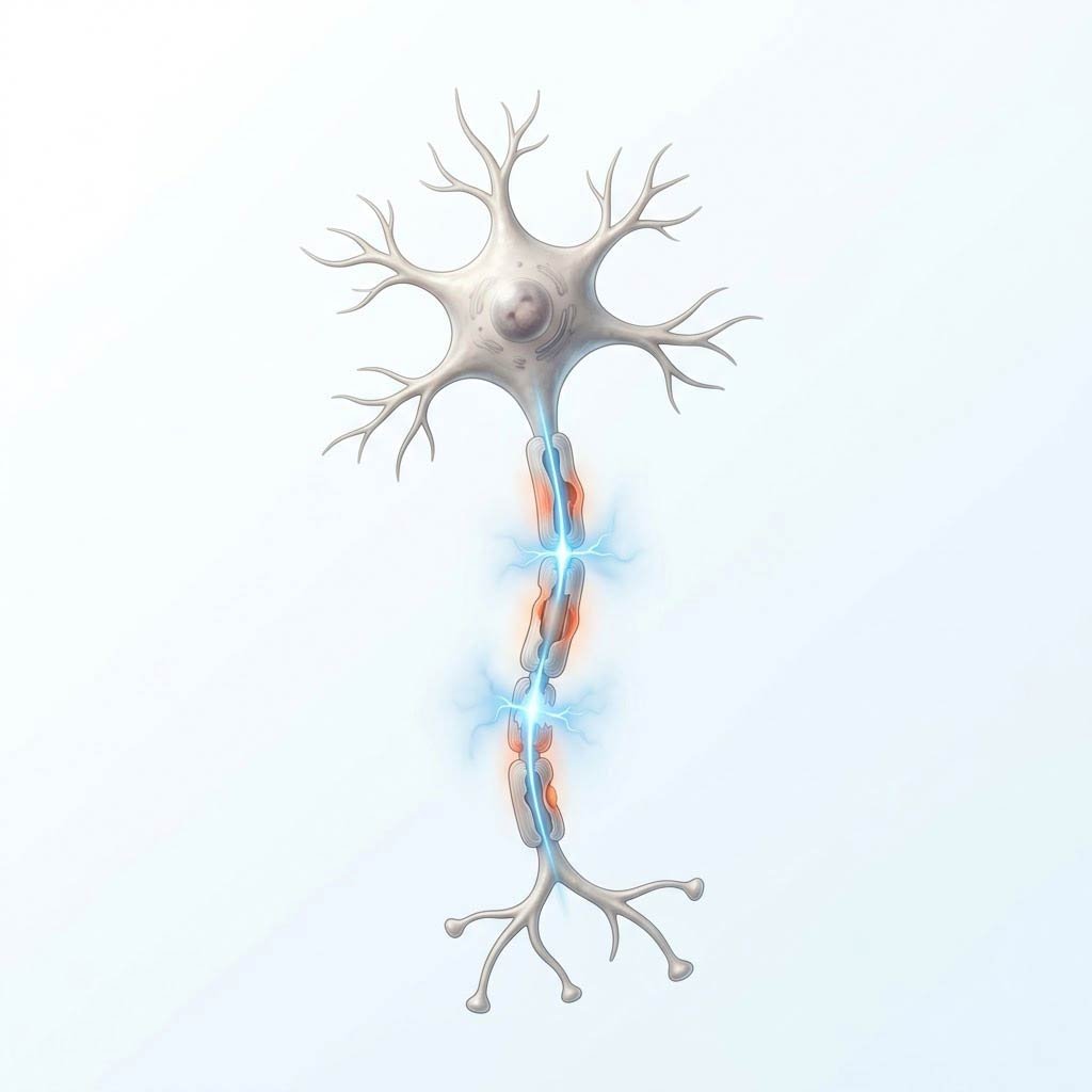 B12-deficient neuron with patchy thinned myelin