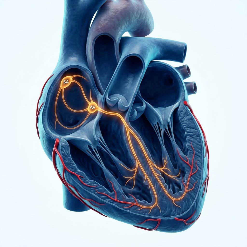 Anatomical diagram of the heart's chambers, valves, and conduction system
