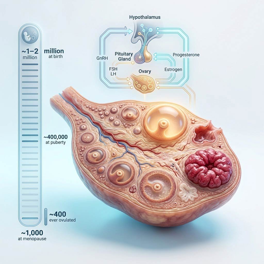 The ovary in cross-section with follicles at multiple stages and the HPO command loop above