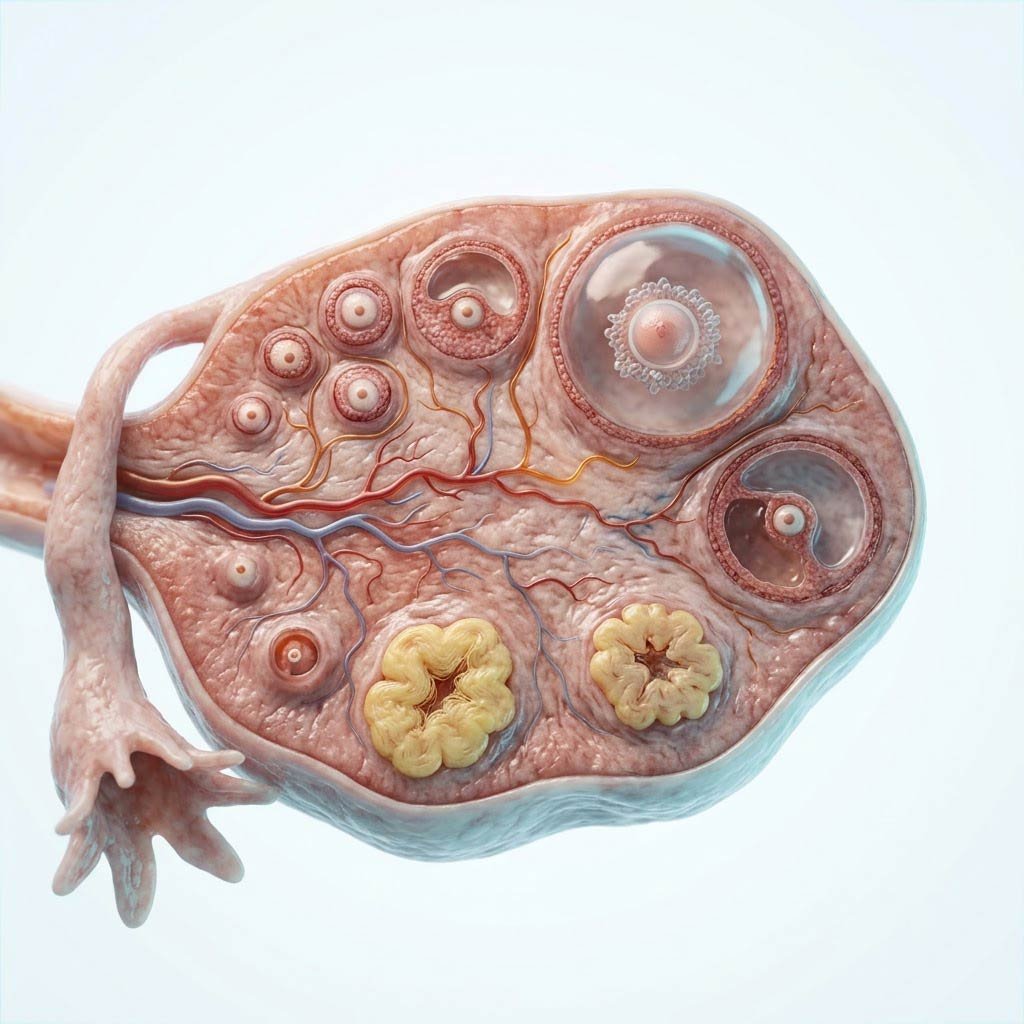 Healthy cycling ovary with follicles at staggered developmental stages
