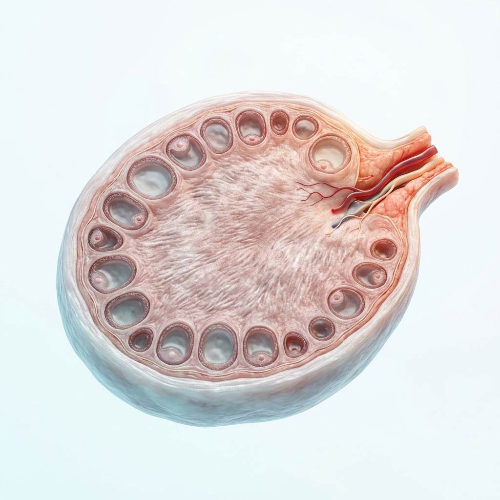 PCOS ovary with a ring of small follicles arrested at the periphery