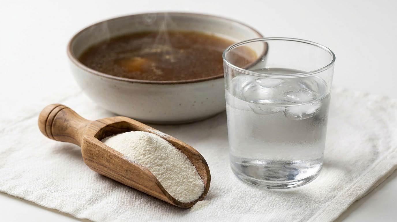 Collagen peptides (concentrated, standardized) vs bone broth (variable, lower dose) — the distinction matters.