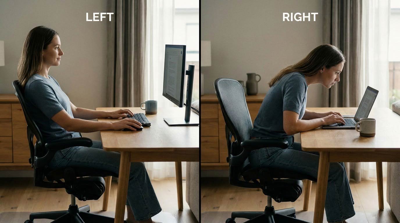 Screen at eye height: the ergonomic detail that matters most.