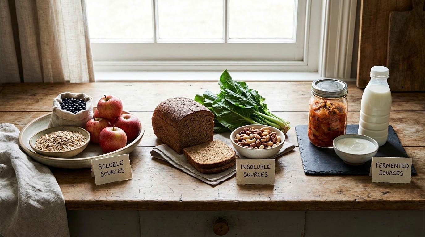 Three fiber types, three mechanisms — soluble, insoluble, and fermentable.