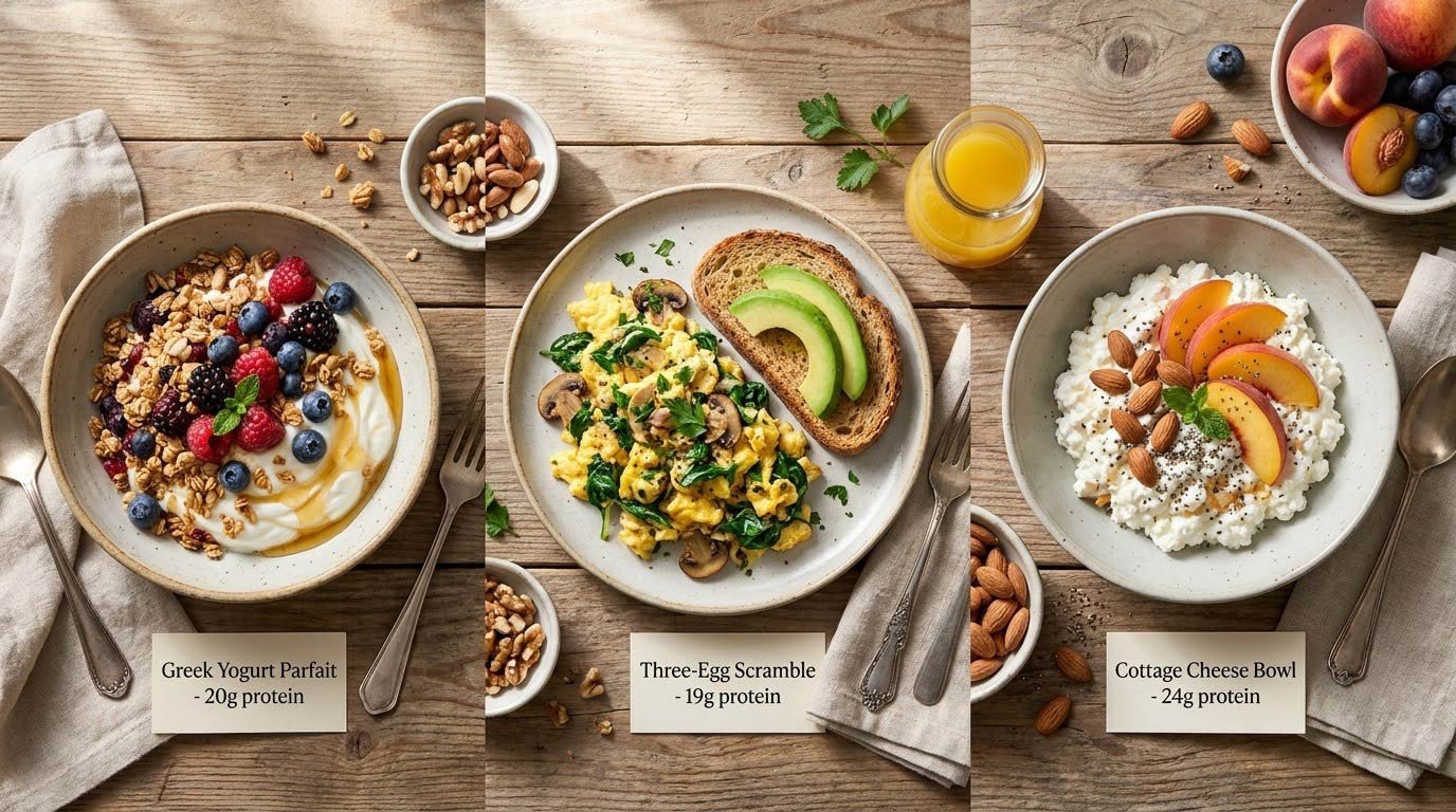 The protein-forward breakfast: eggs, Greek yogurt, or a smoothie with protein.