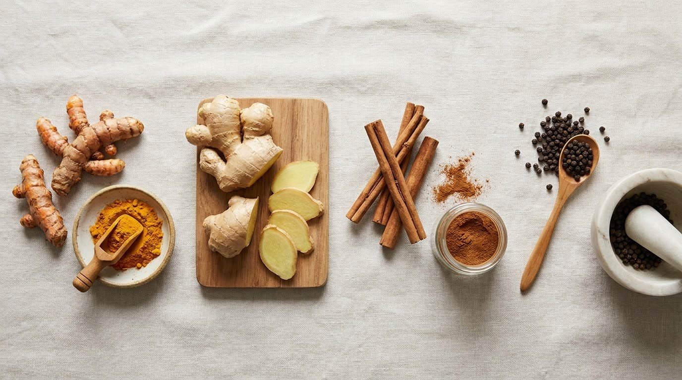 The evidence-backed core: ginger, turmeric, cinnamon, and the black pepper multiplier.