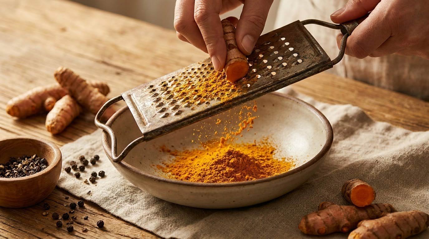 Turmeric + black pepper + fat: the traditional pairing that solves the absorption problem.