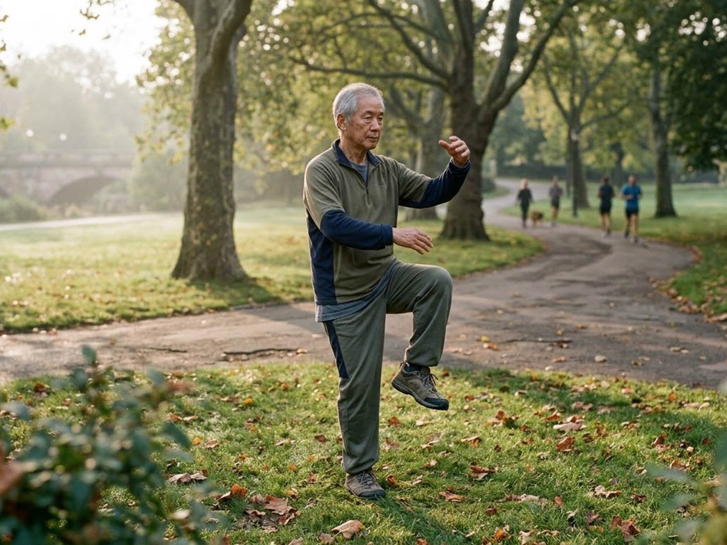 Tai chi practice in a park at morning light