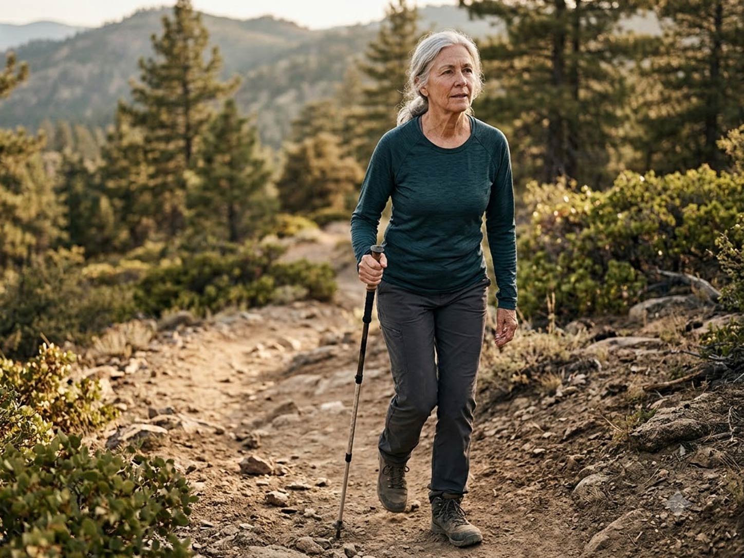 A silver-haired person mid-hike in warm daylight