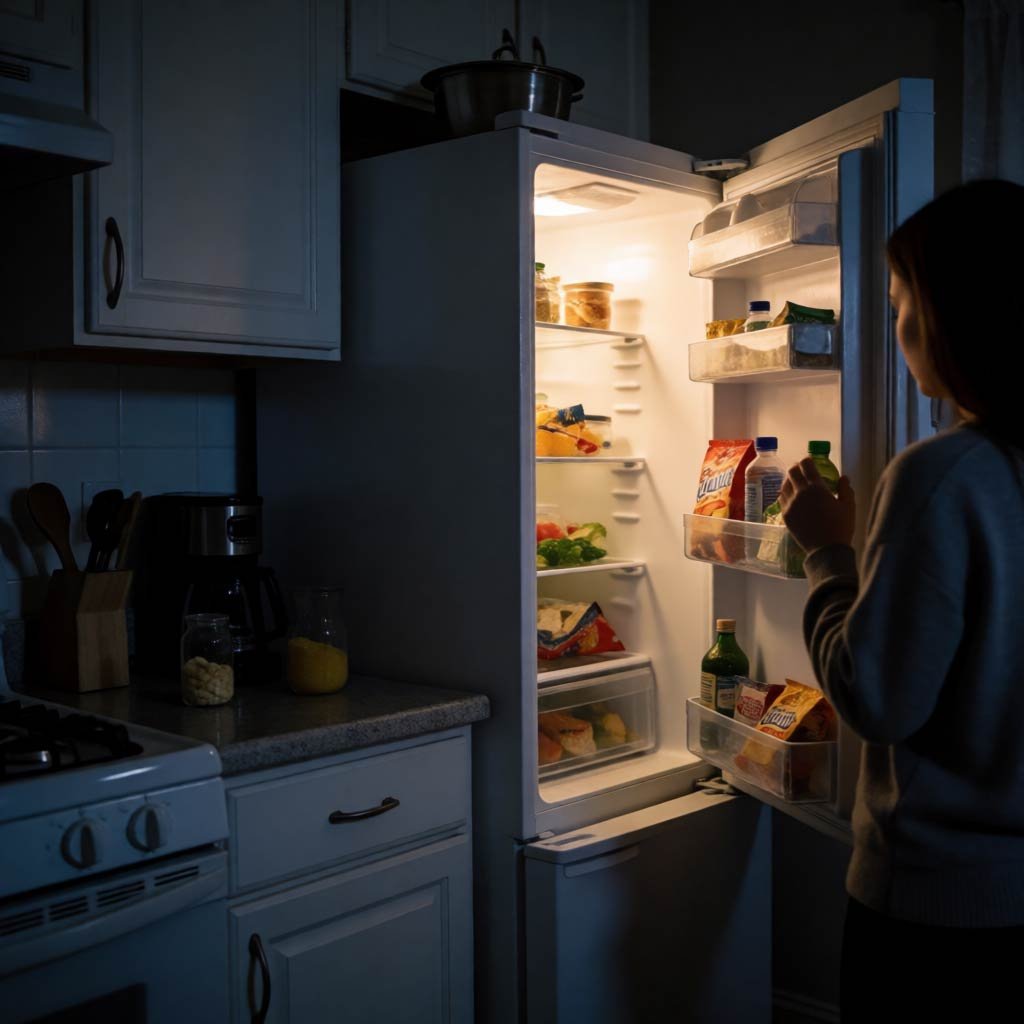 A dim late-night kitchen, a person reaching for a snack
