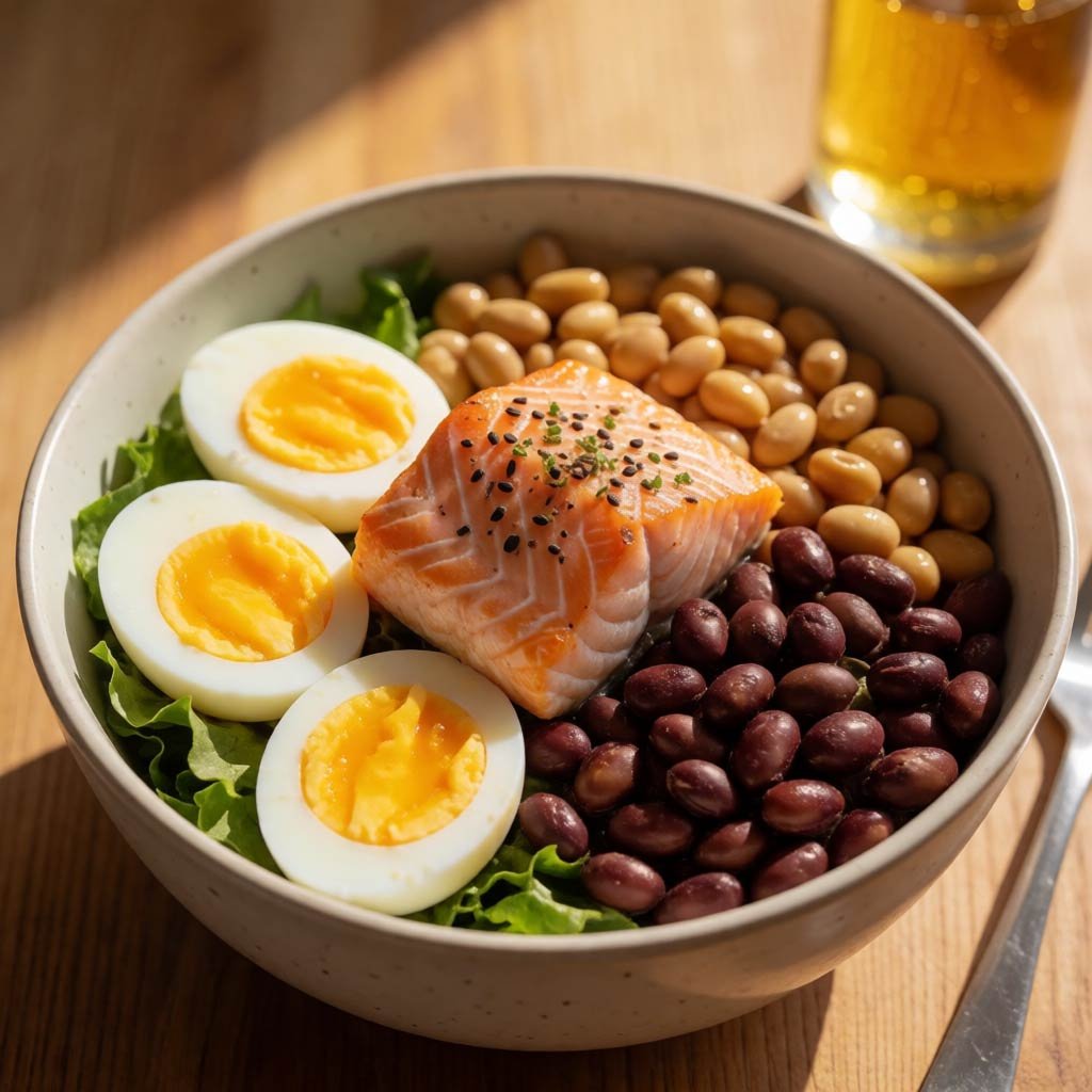 A protein-forward meal in warm light