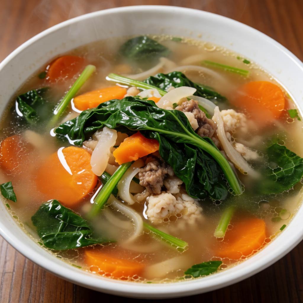 A large voluminous bowl of broth soup and vegetables