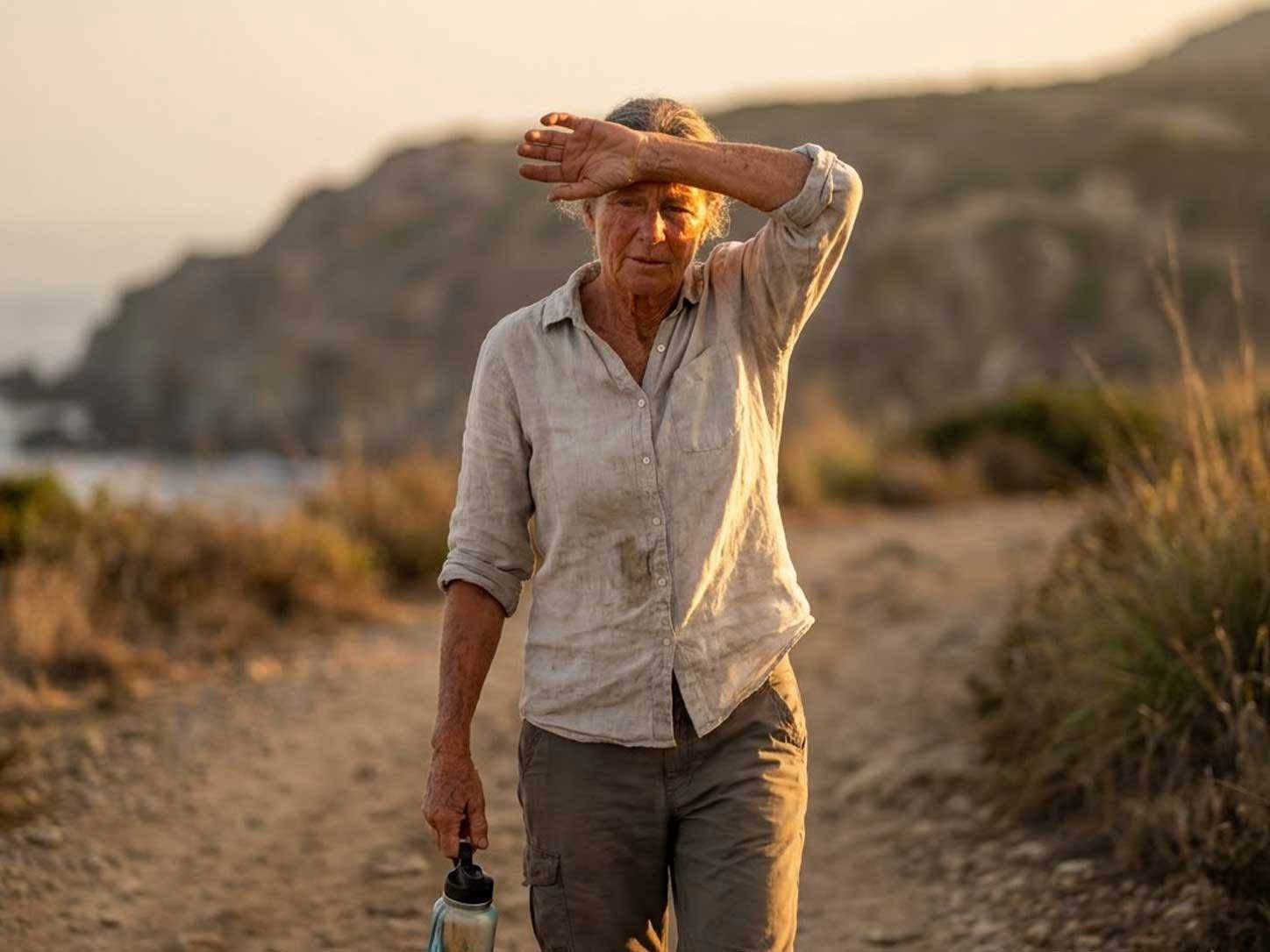 A person walking in golden light, arms catching the sun