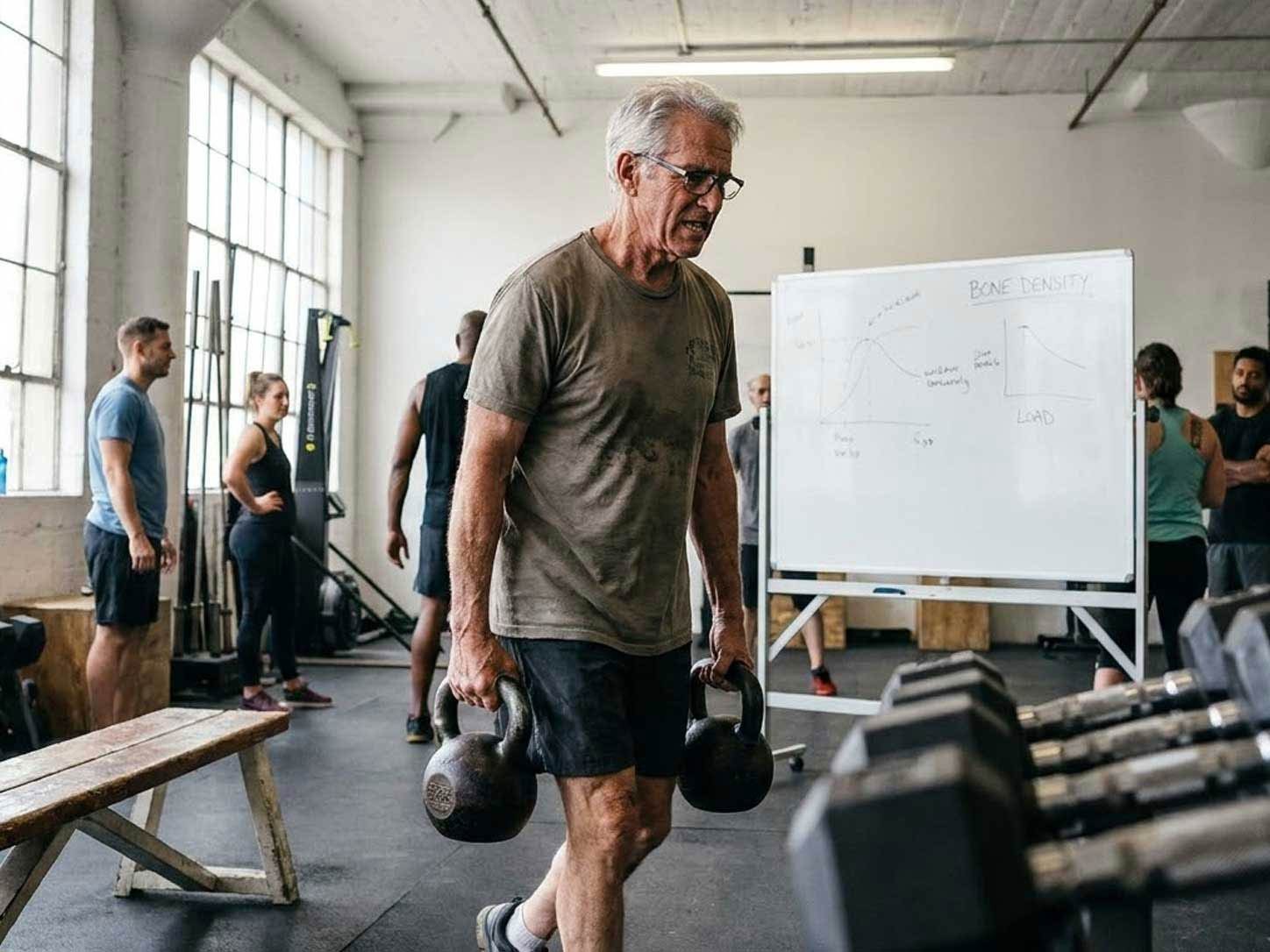 An older person doing step-ups in gym daylight