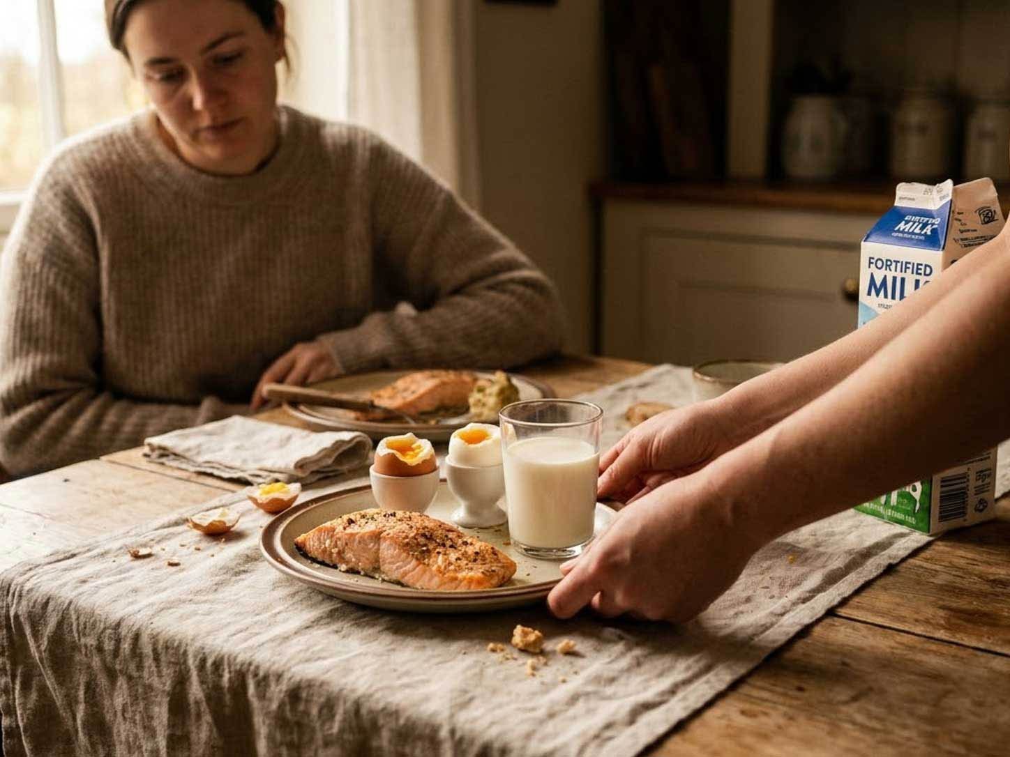Salmon, eggs, and fortified milk on a warm table