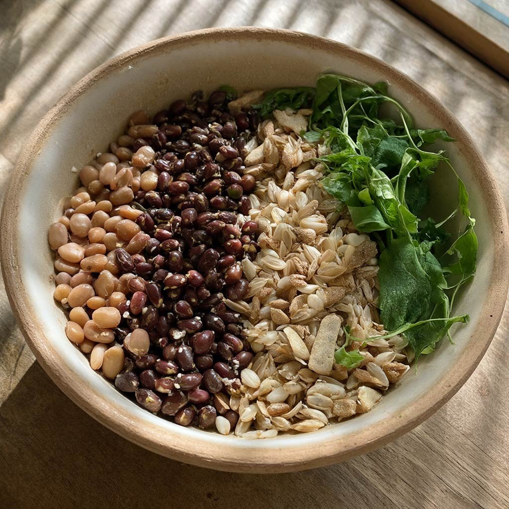 A fiber-rich bowl of legumes, grains, greens, and seeds