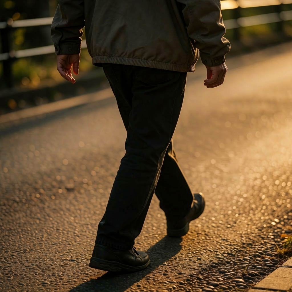 A person walking after a meal in golden light