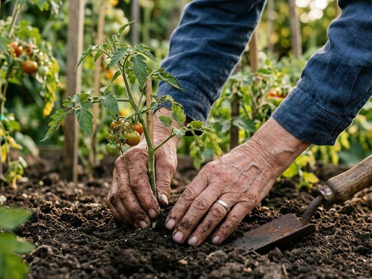 An elder's hands working garden soil