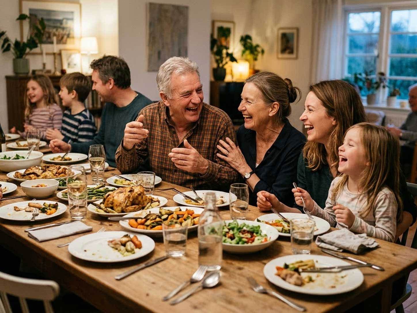 A long multigenerational table mid-meal