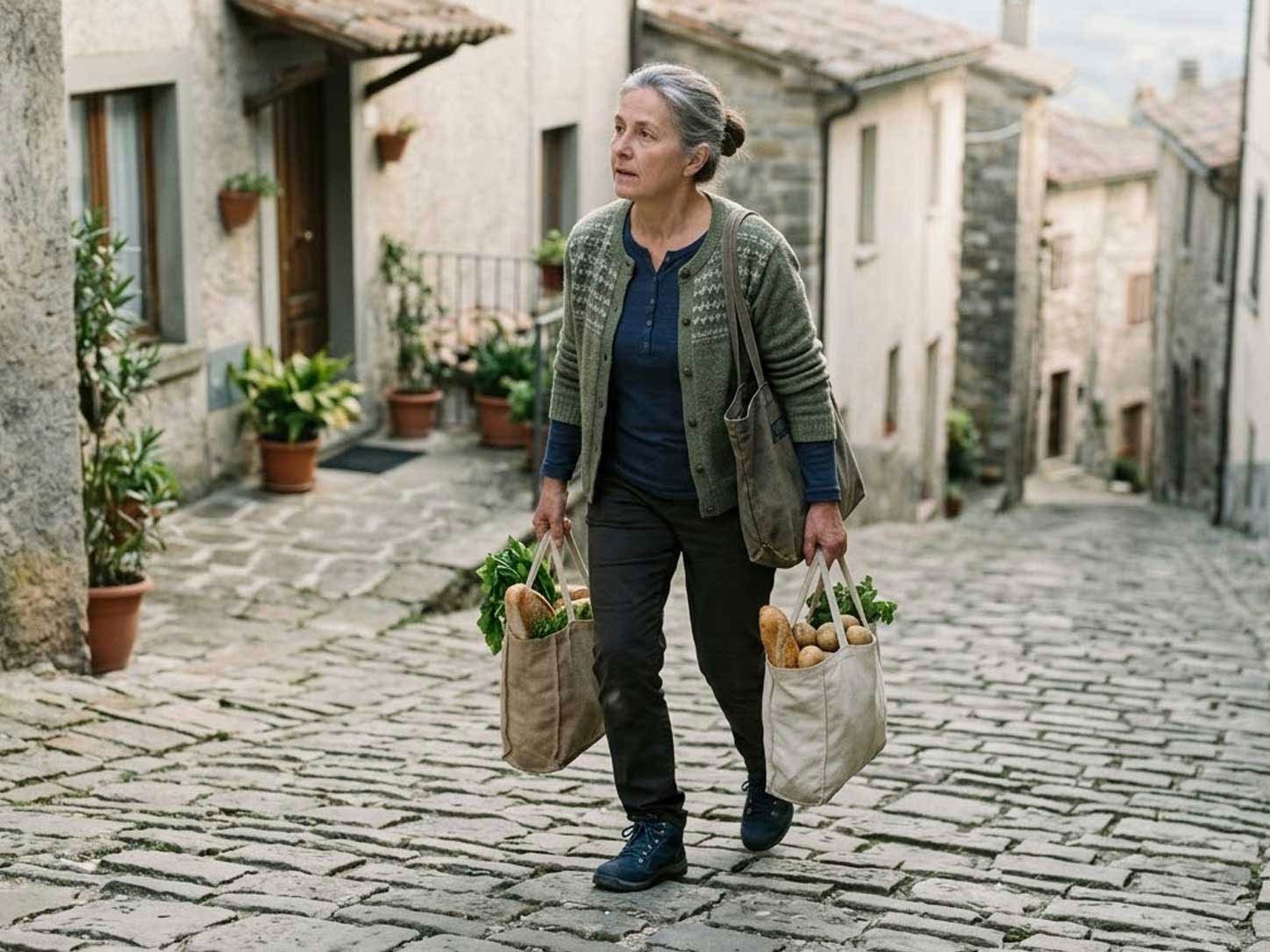 A village woman walking uphill with grocery bags
