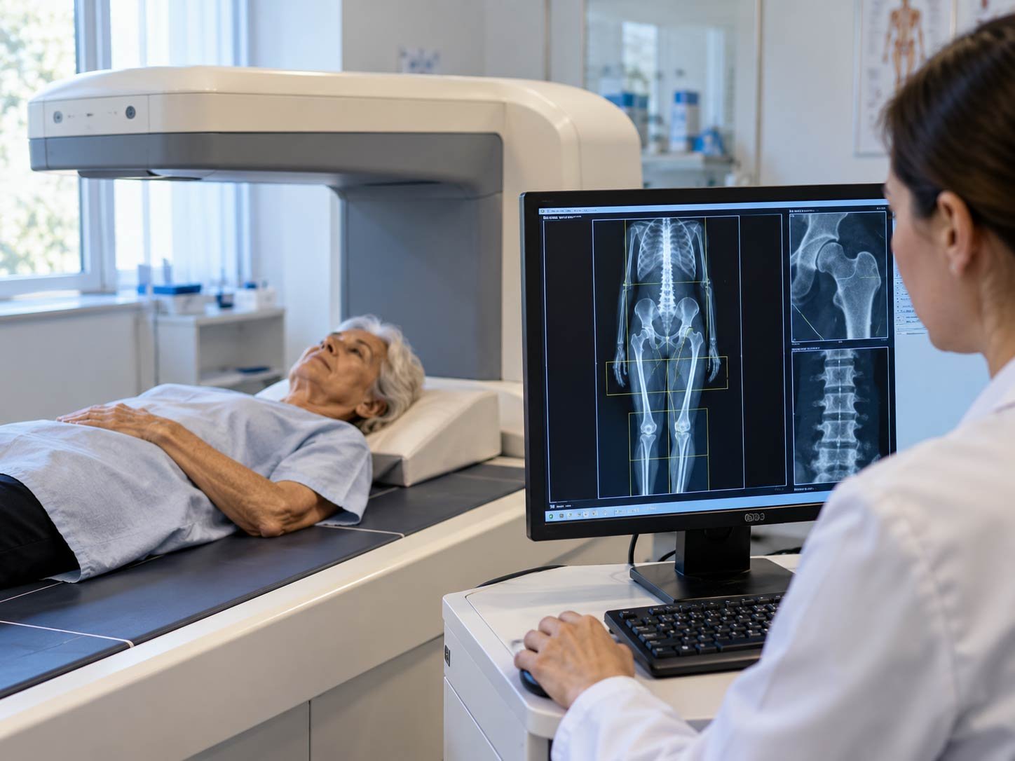 A DEXA scan screen in calm clinical light