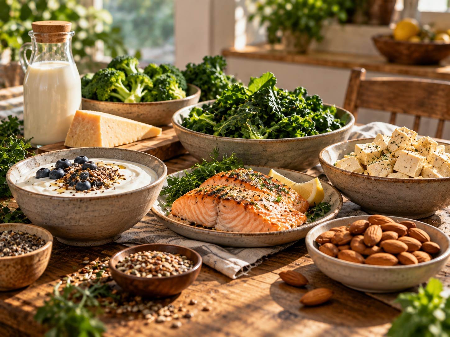 A calcium-and-protein table — yogurt, salmon, greens, tofu