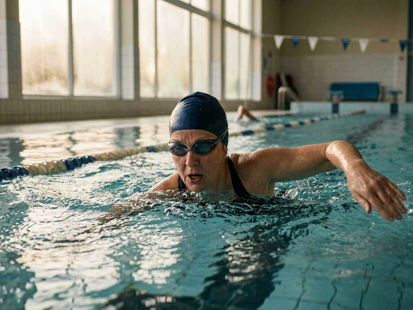 A person swimming or walking in morning light