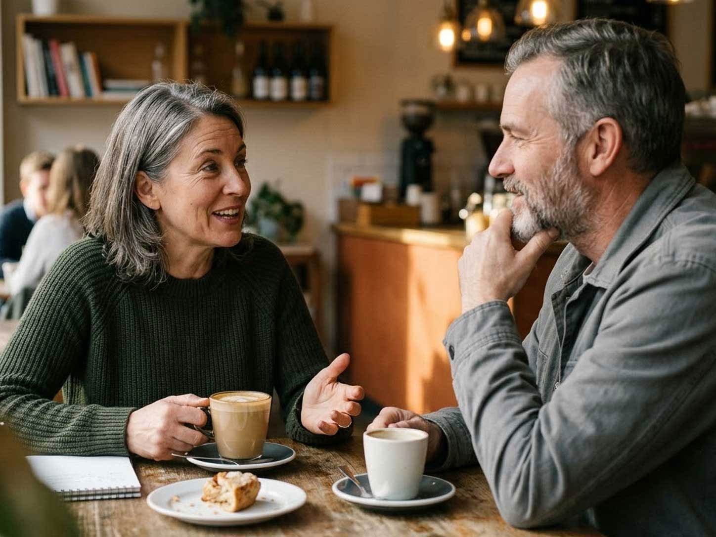Two people in warm conversation over coffee