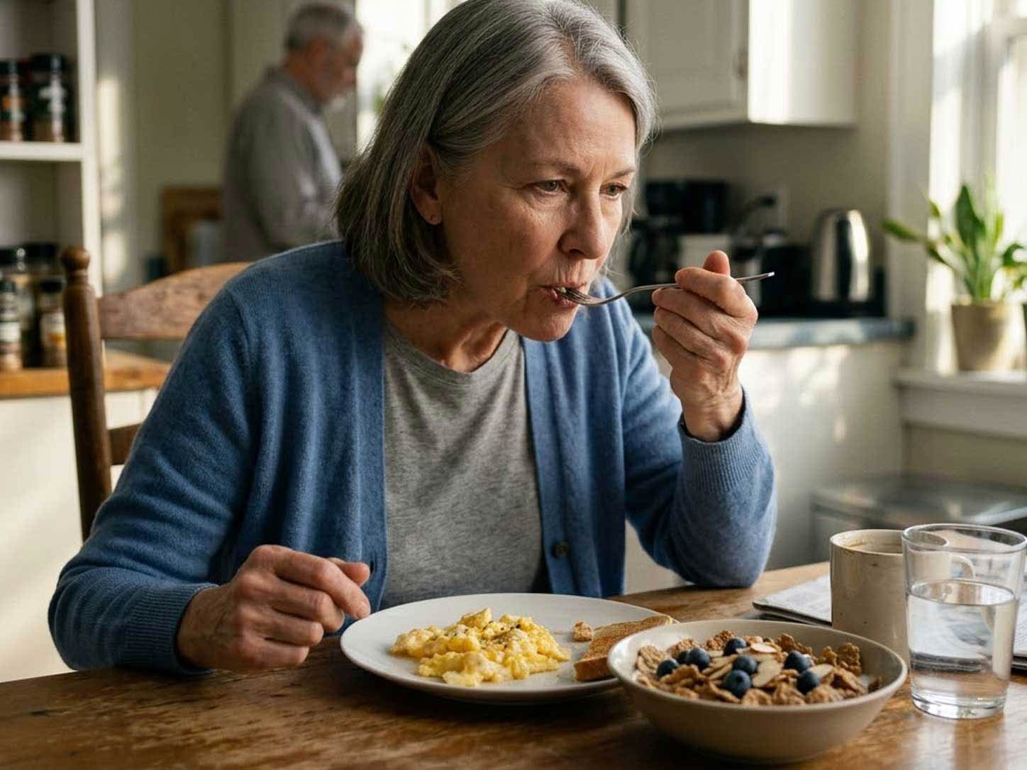 A morning breakfast with eggs and fortified cereal