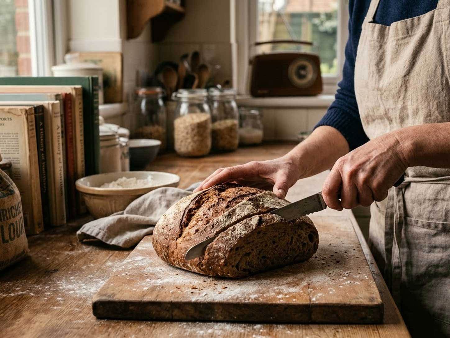 A rustic whole-grain bread loaf with flour dust