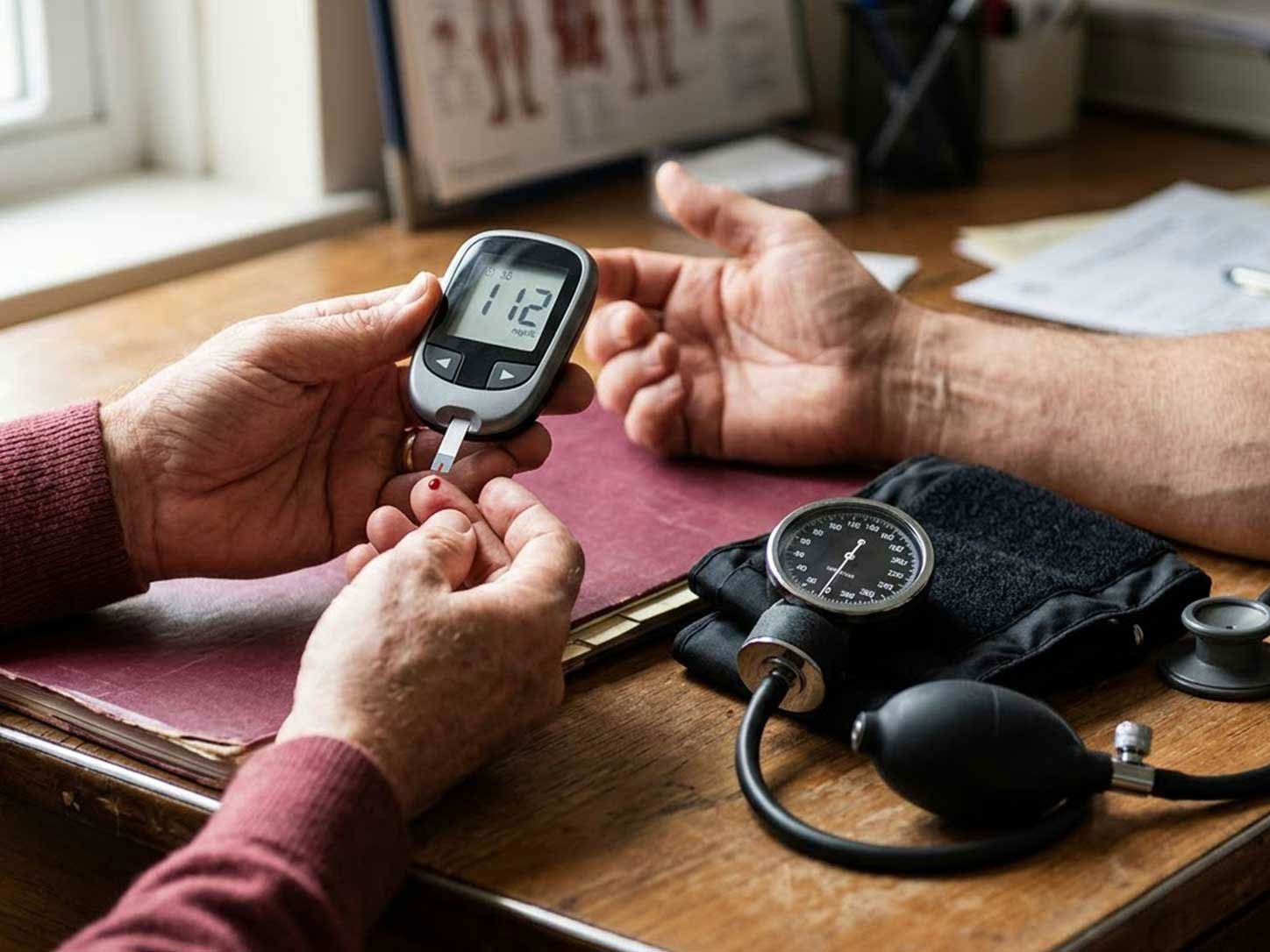 A blood-pressure cuff and glucose meter side by side