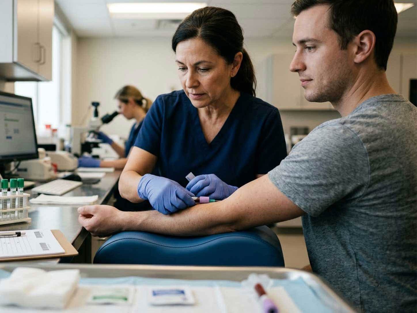 Lab vials and a blood panel report