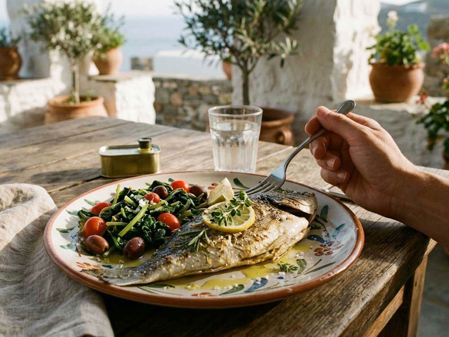 A Mediterranean plate with fish, greens, and olive oil