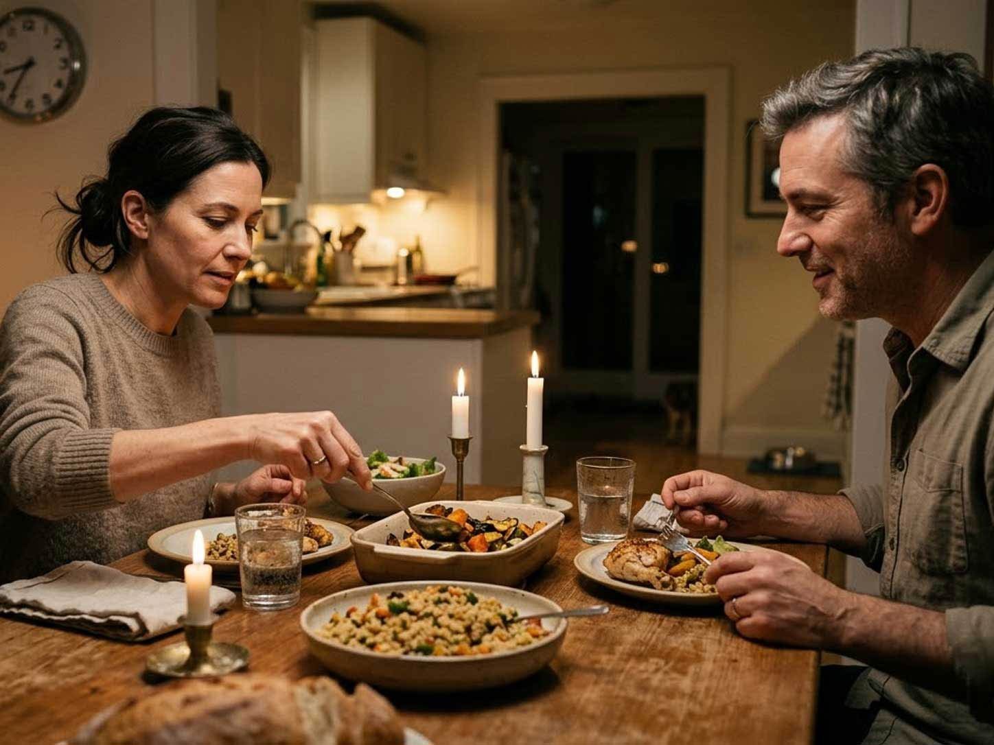 A warm evening meal in soft light