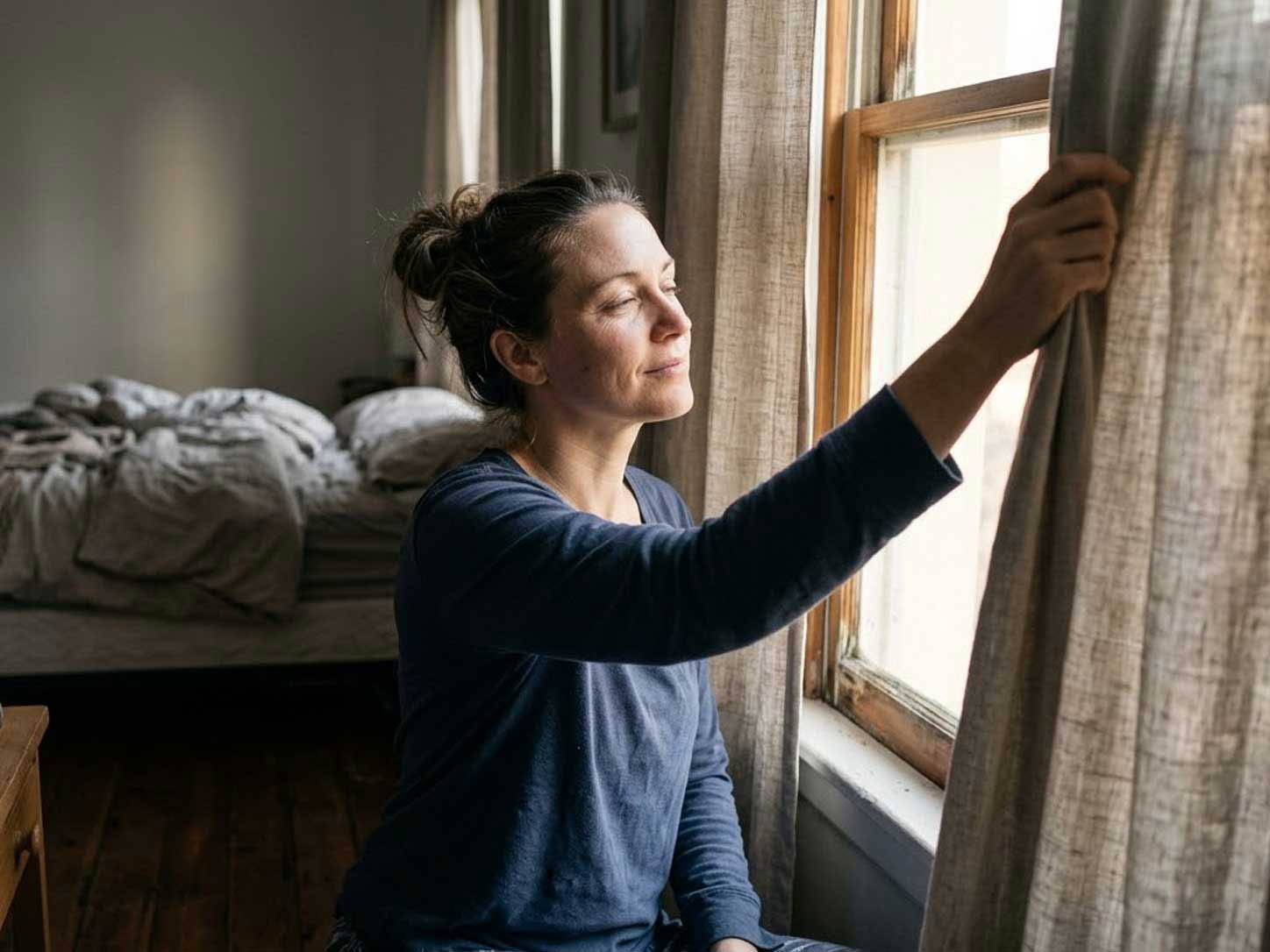 A person opening curtains to bright morning light