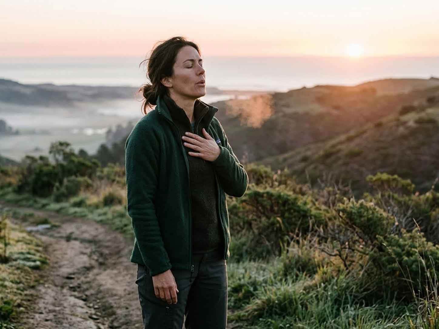 A person breathing deeply outdoors at sunrise