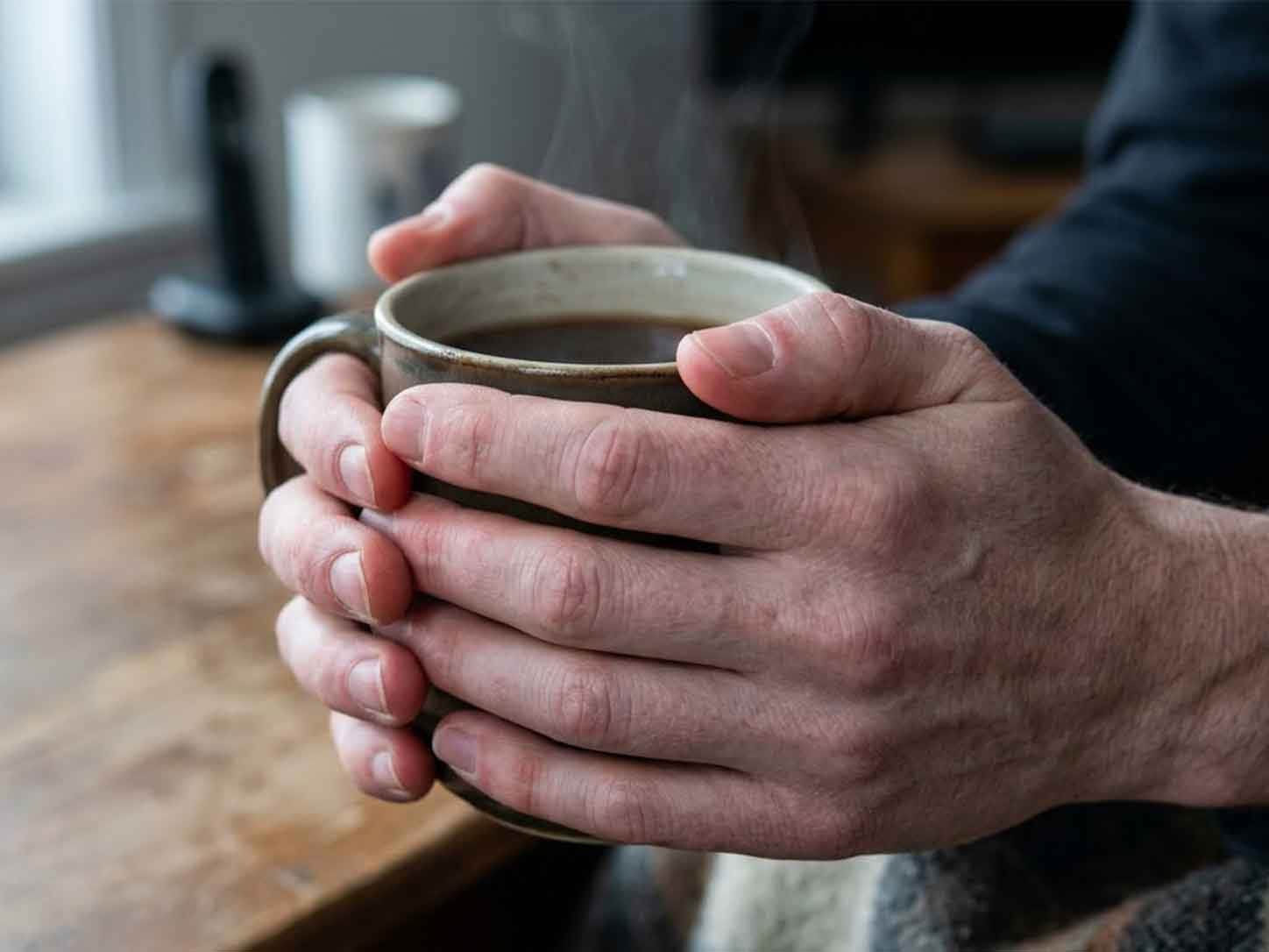 Hands warming around a hot mug