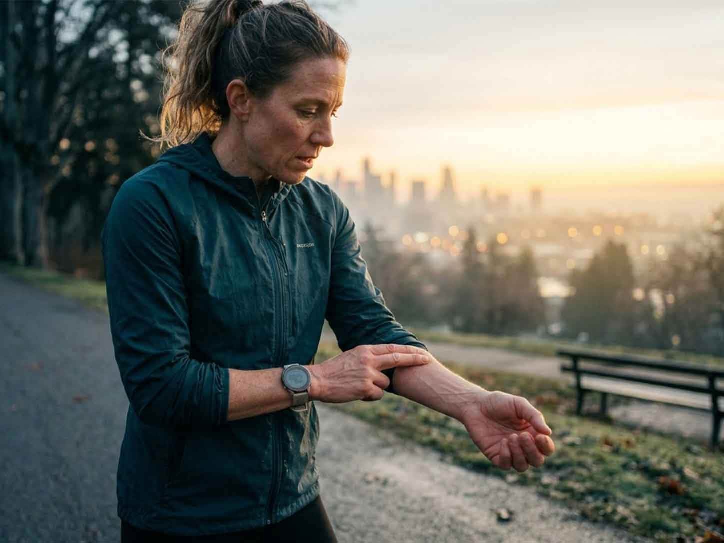 A runner checking their pulse at dawn