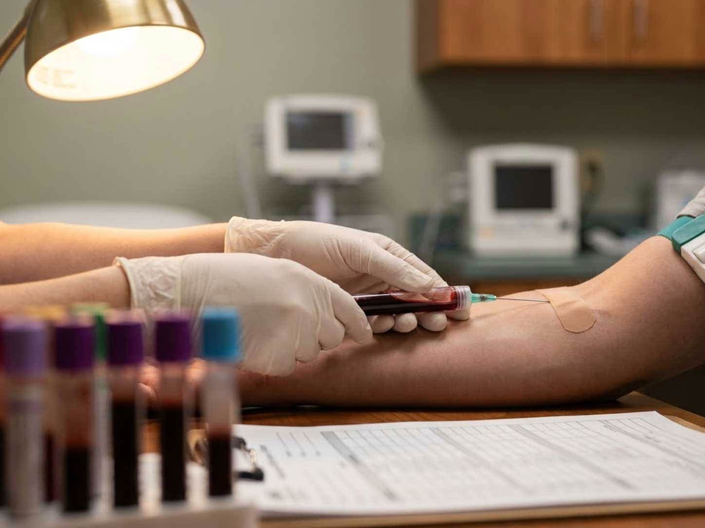 A blood draw in warm light, vials and a technician's hands