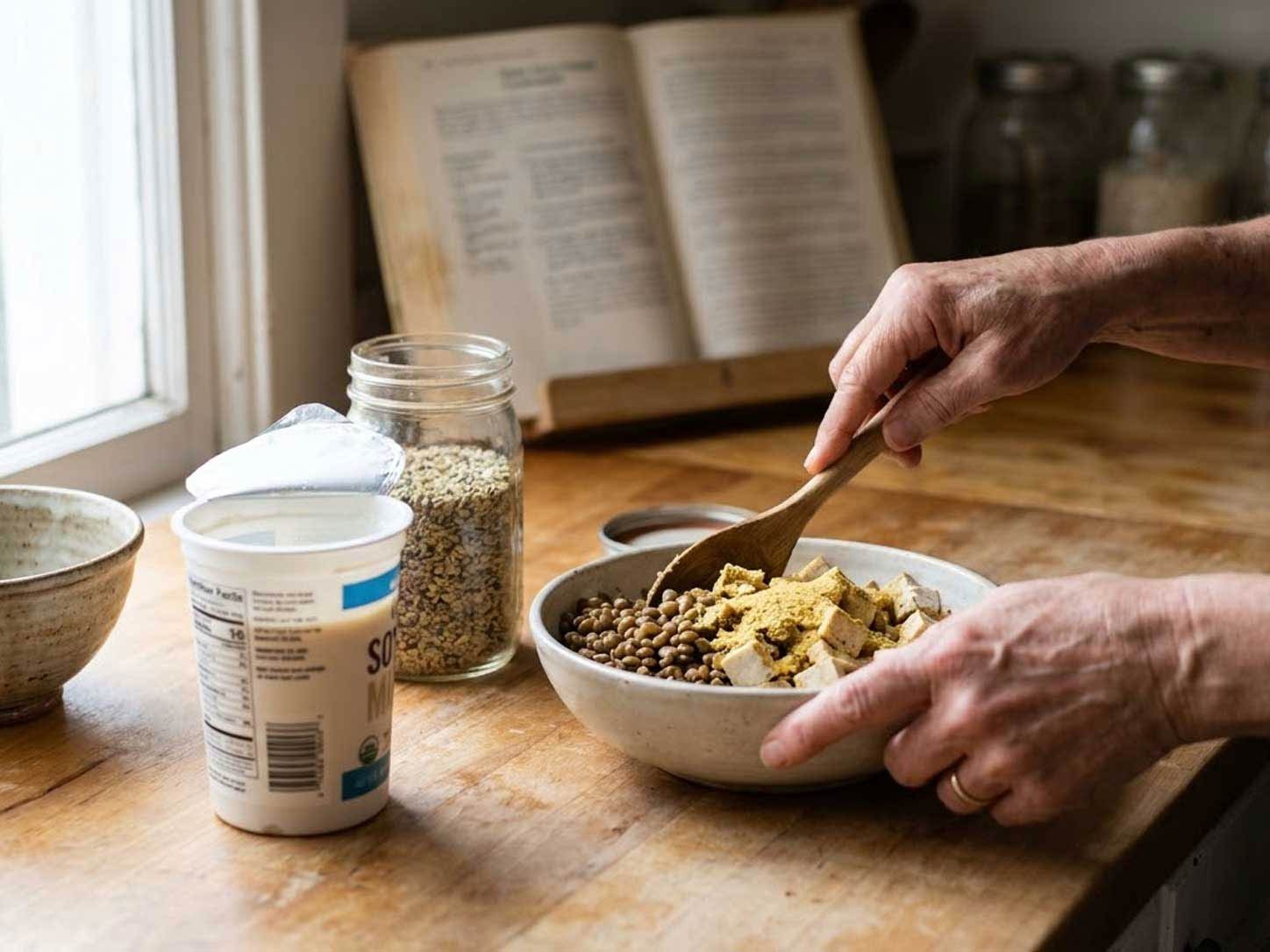 Hands preparing a plant-based meal
