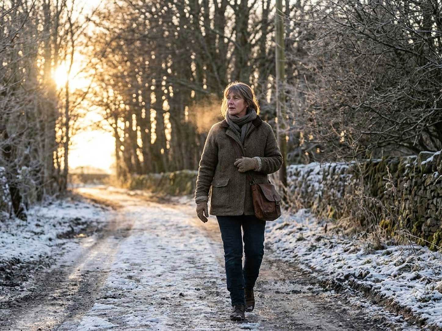 A person walking in low winter sun