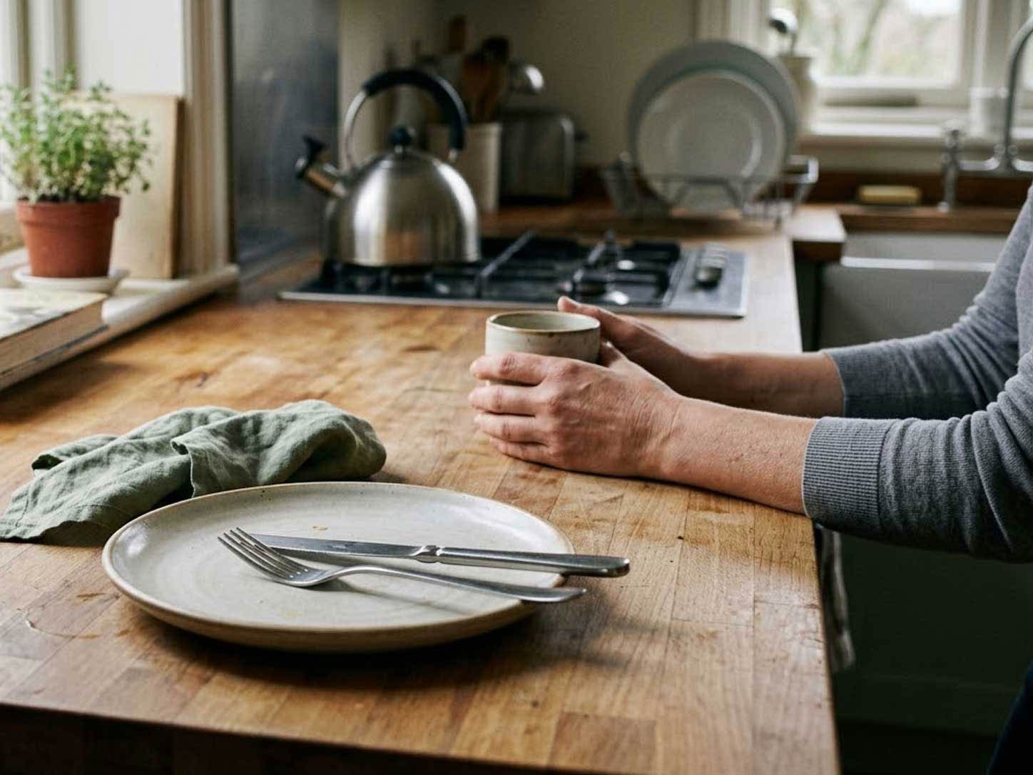 A calm kitchen between meals, an empty plate in soft daylight