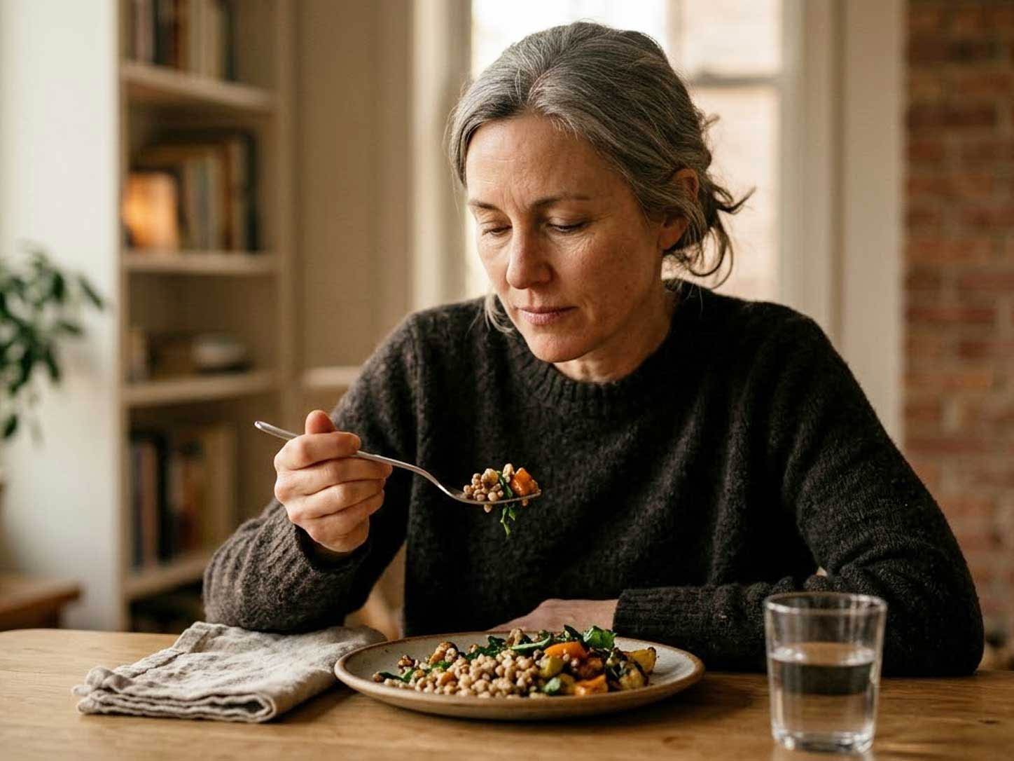 A person eating slowly and mindfully at a warm-lit table