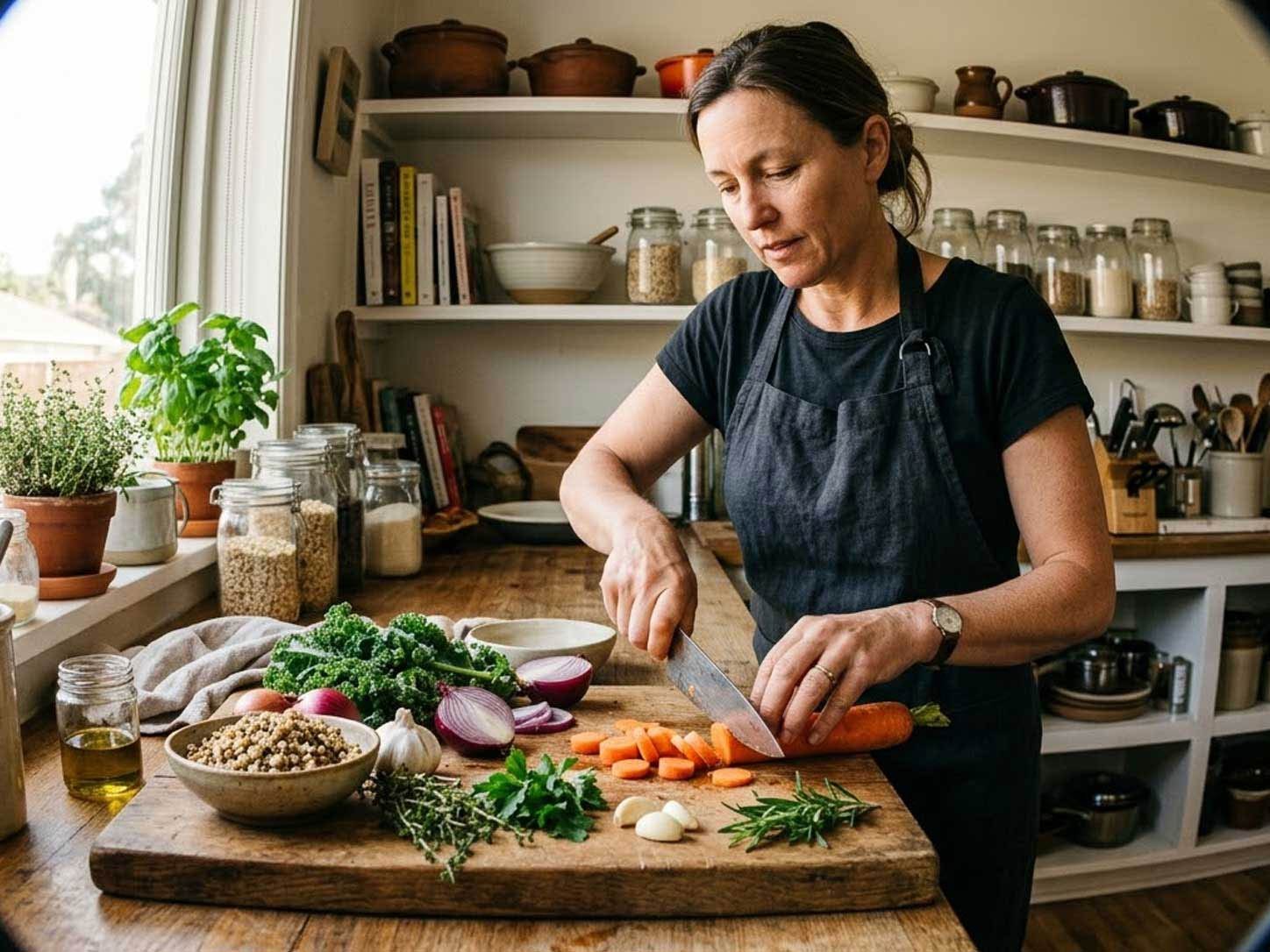 Whole foods mid-prep on a wooden board