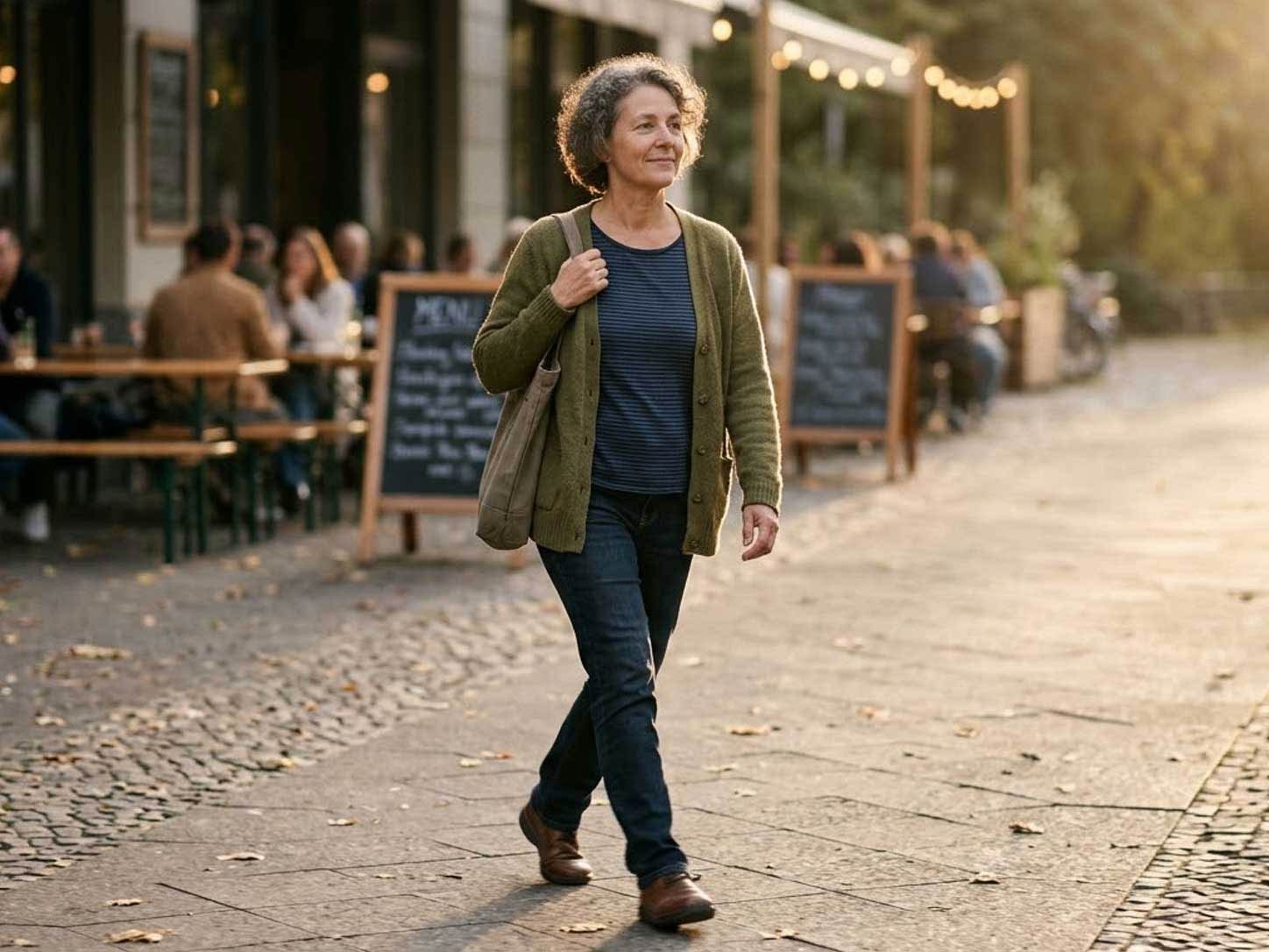 A person walking relaxed after a meal