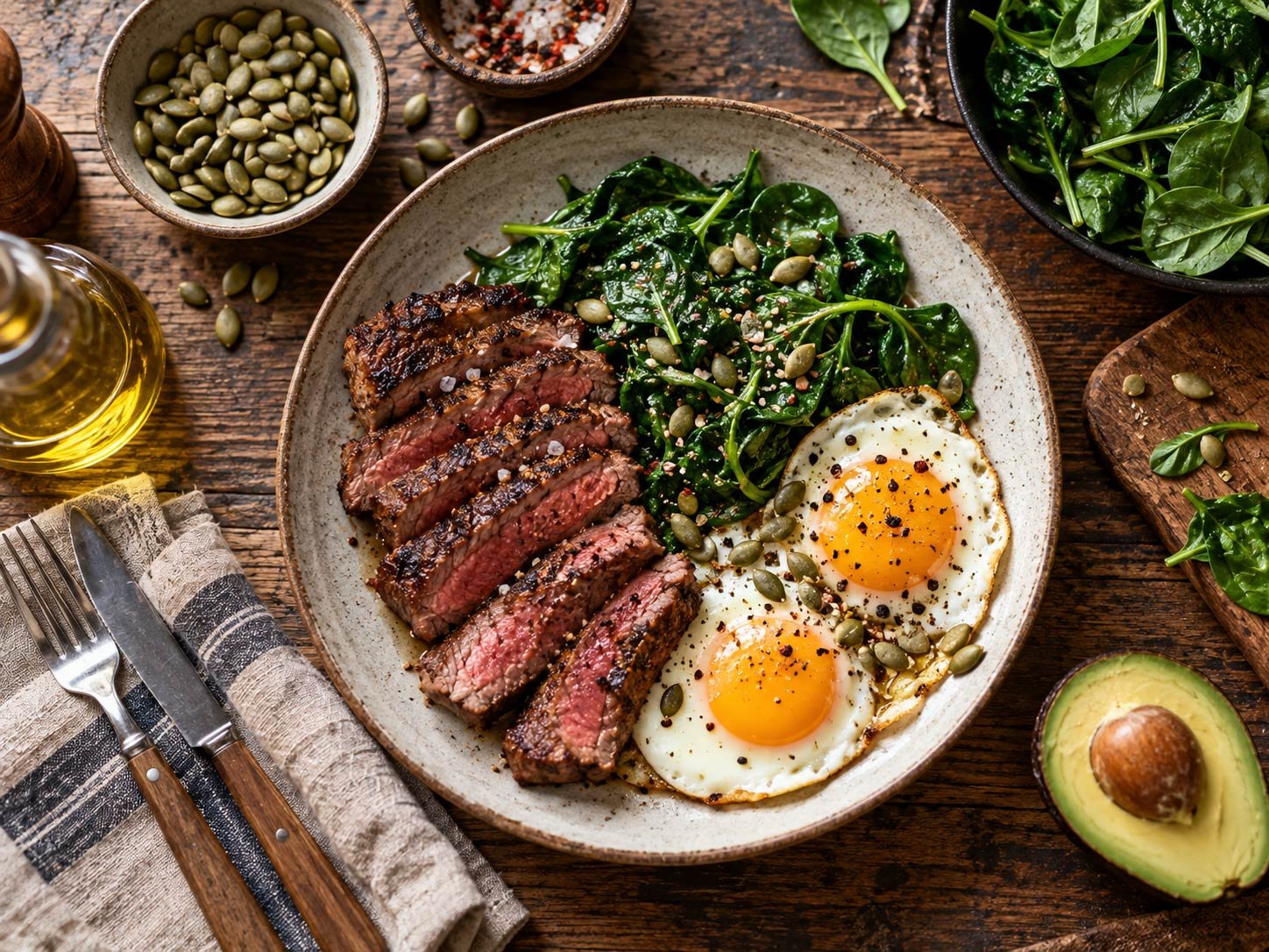 Iron- and B12-rich foods on a rustic table